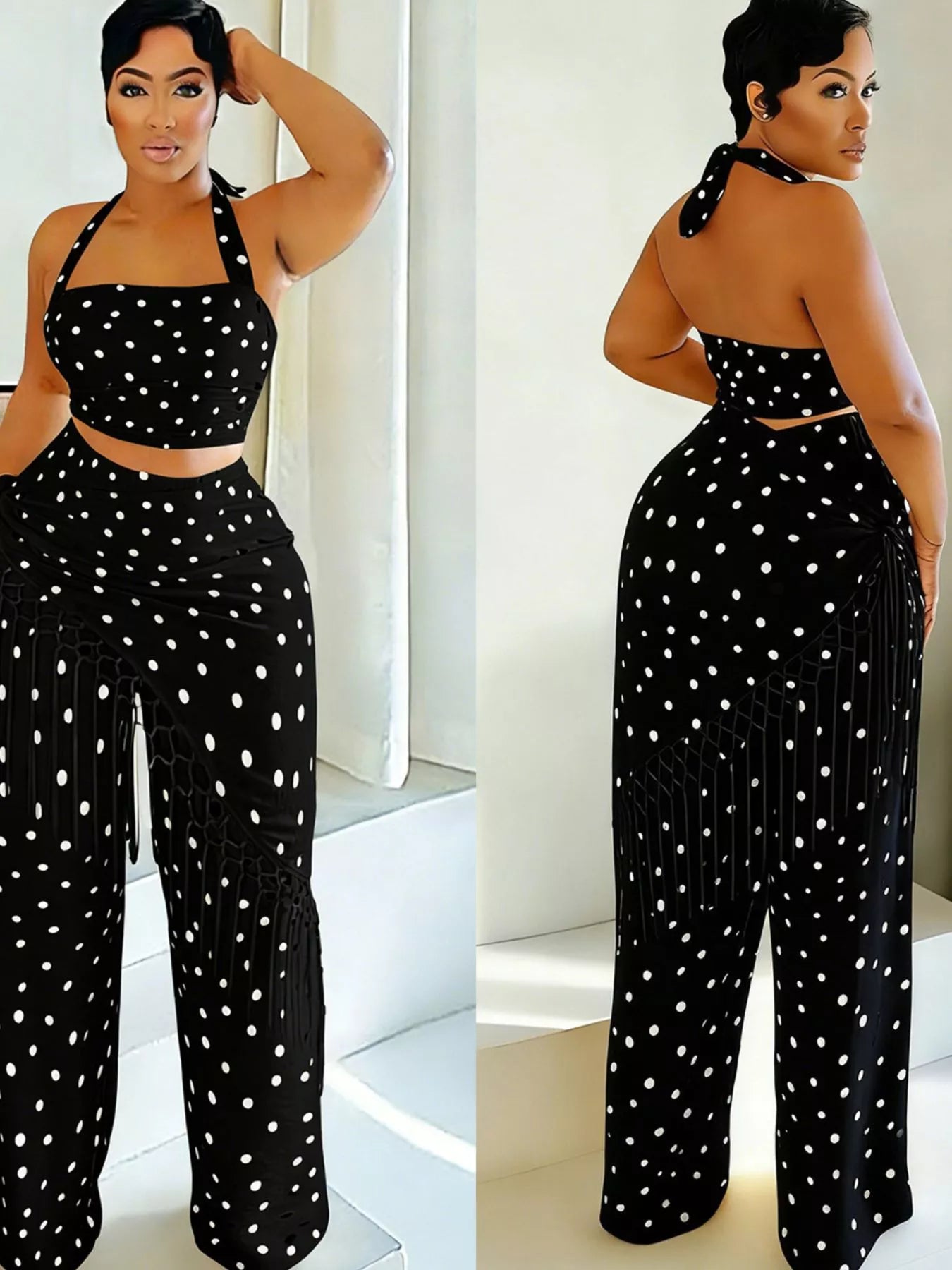 Cream polka dot halter neck cami with fringe trim pants set by Trendsi, featuring a stylish and playful coordinated outfit.