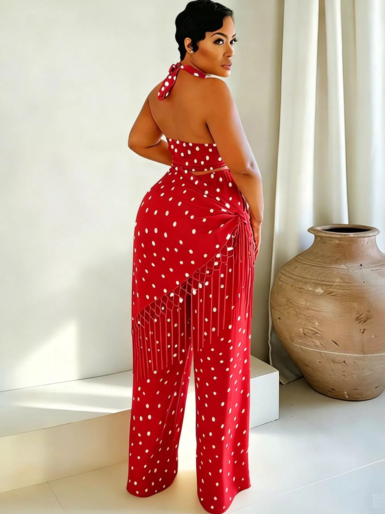 Cream polka dot halter neck cami with fringe trim pants set by Trendsi, featuring a stylish, coordinated two-piece outfit.