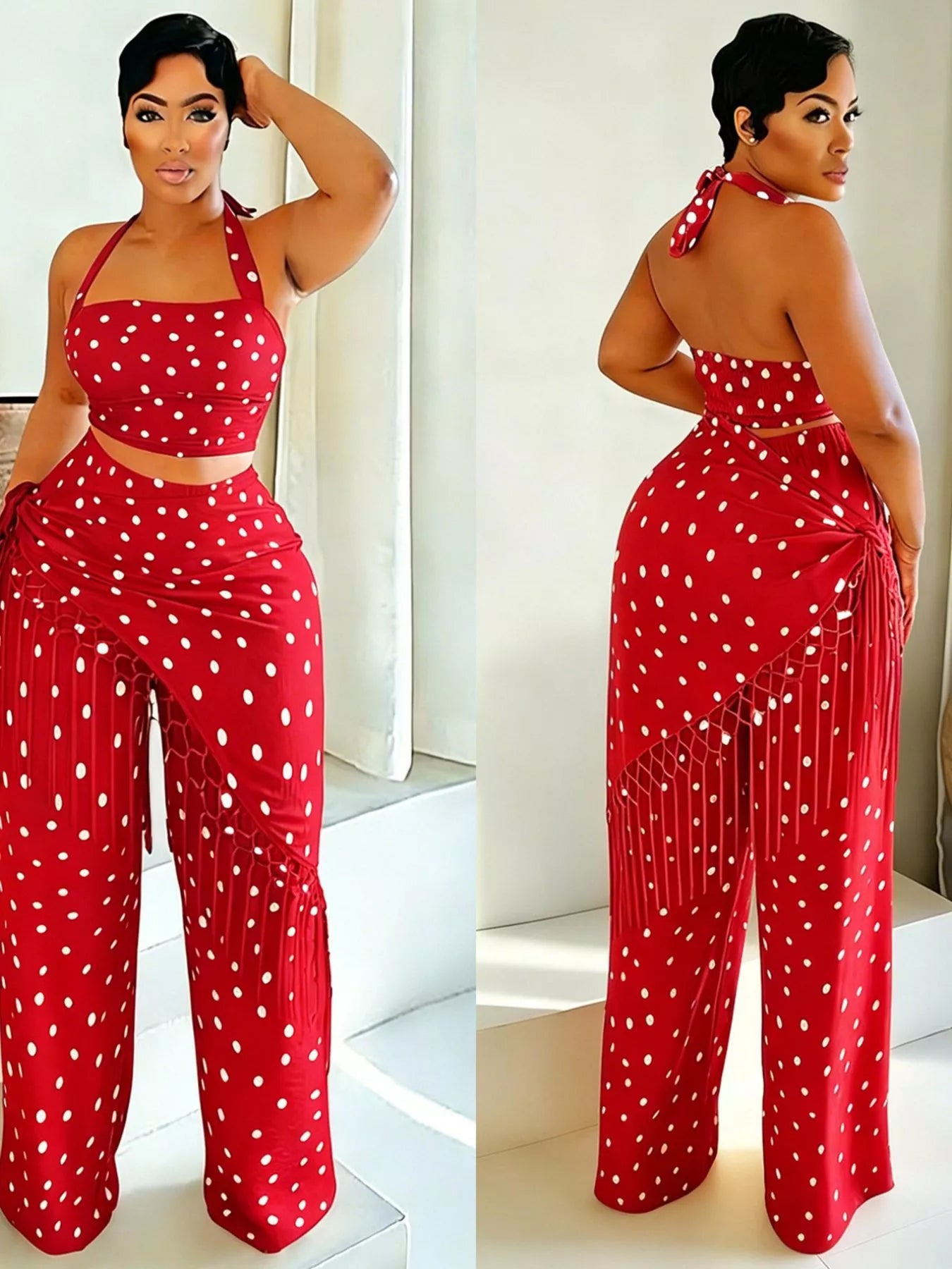Cream polka dot halter neck cami with fringe trim pants set by Trendsi, featuring a stylish, coordinated summer outfit.