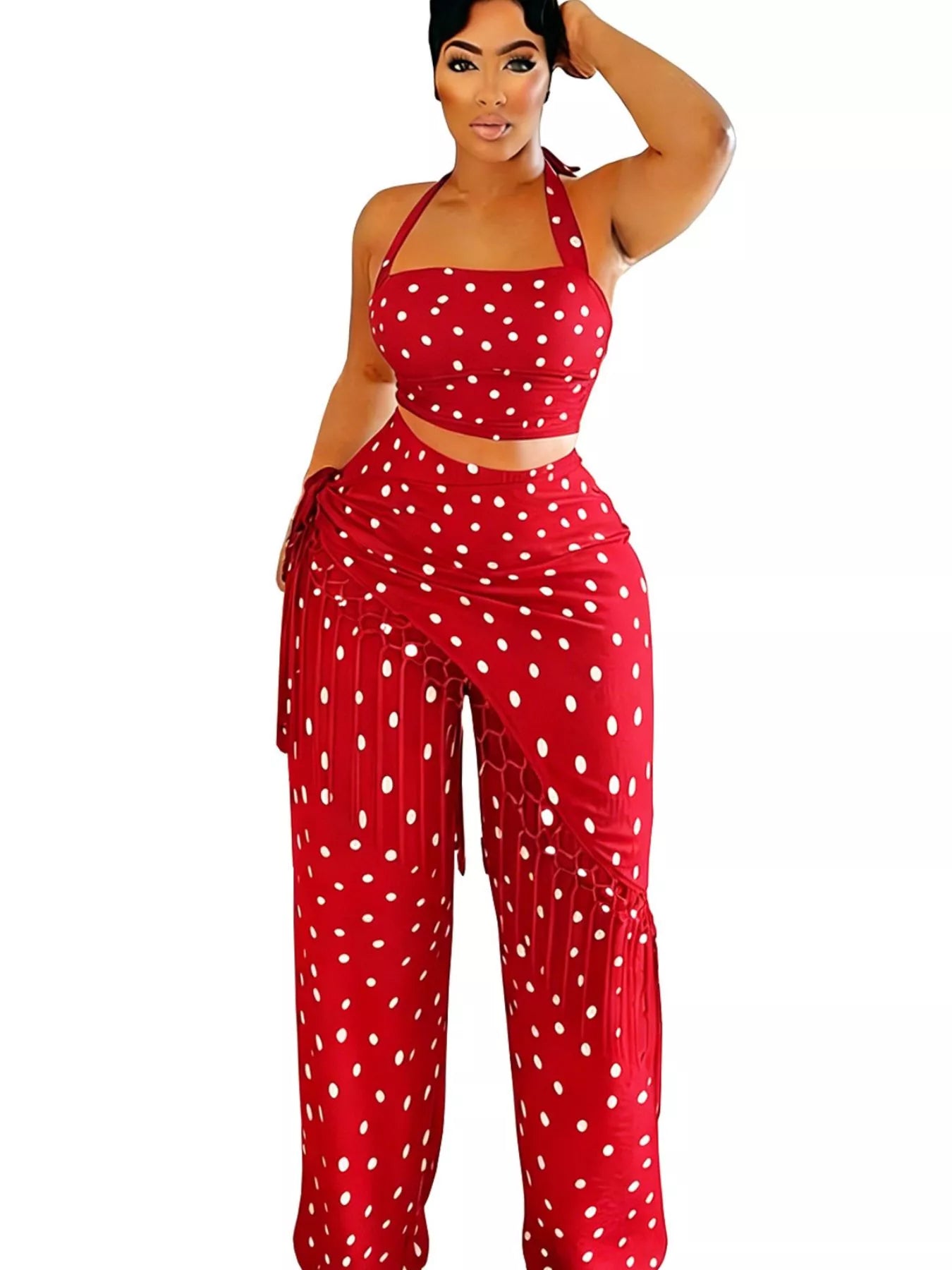 Cream polka dot halter neck cami with fringe trim pants set by Trendsi, featuring a stylish halter top and matching wide-leg pants.