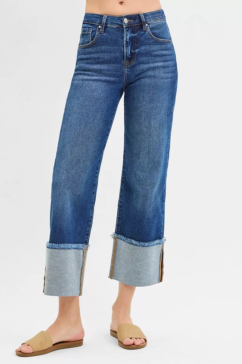 Dark wash Risen full size mid-rise crop wide cuffed jeans by Trendsi, plus size, shown with a relaxed fit and cuffed hem.