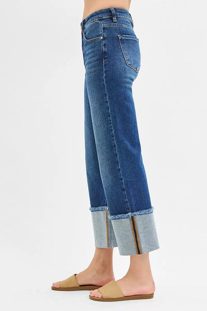 Dark wash RISEN plus size full-length mid-rise crop wide cuffed jeans, stylish and comfortable for casual wear.