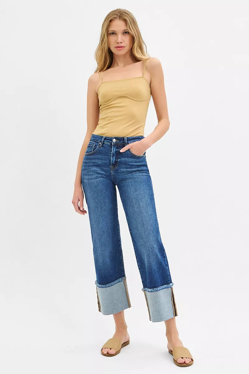 Dark blue Risen plus size full-length wide-leg crop jeans with mid-rise, mid-rise, and cuffed hem from Trendsi.