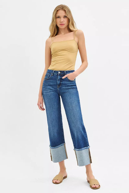 Dark blue Risen plus size full-length wide-leg crop jeans with mid-rise, mid-rise, and cuffed hem from Trendsi.