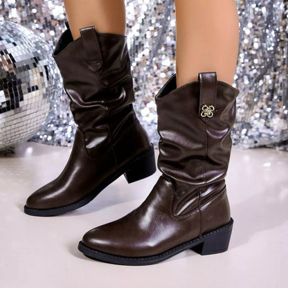 Dark brown Trendsi point toe block heel boots showing sleek design and stylish silhouette on a neutral background.