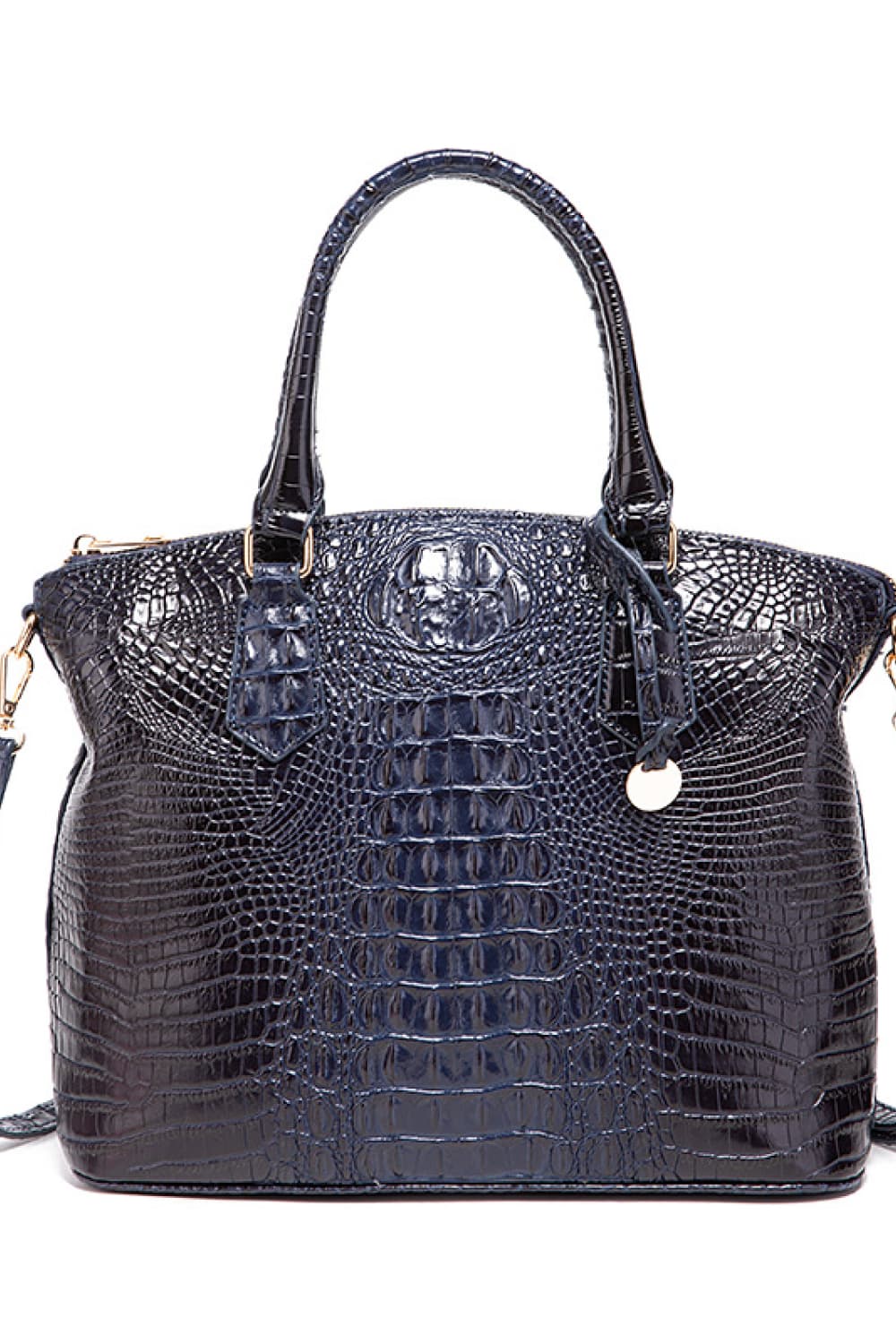 Trendsi PU leather handbag with gold-tone hardware and top handles, showcasing a sleek, structured design.
