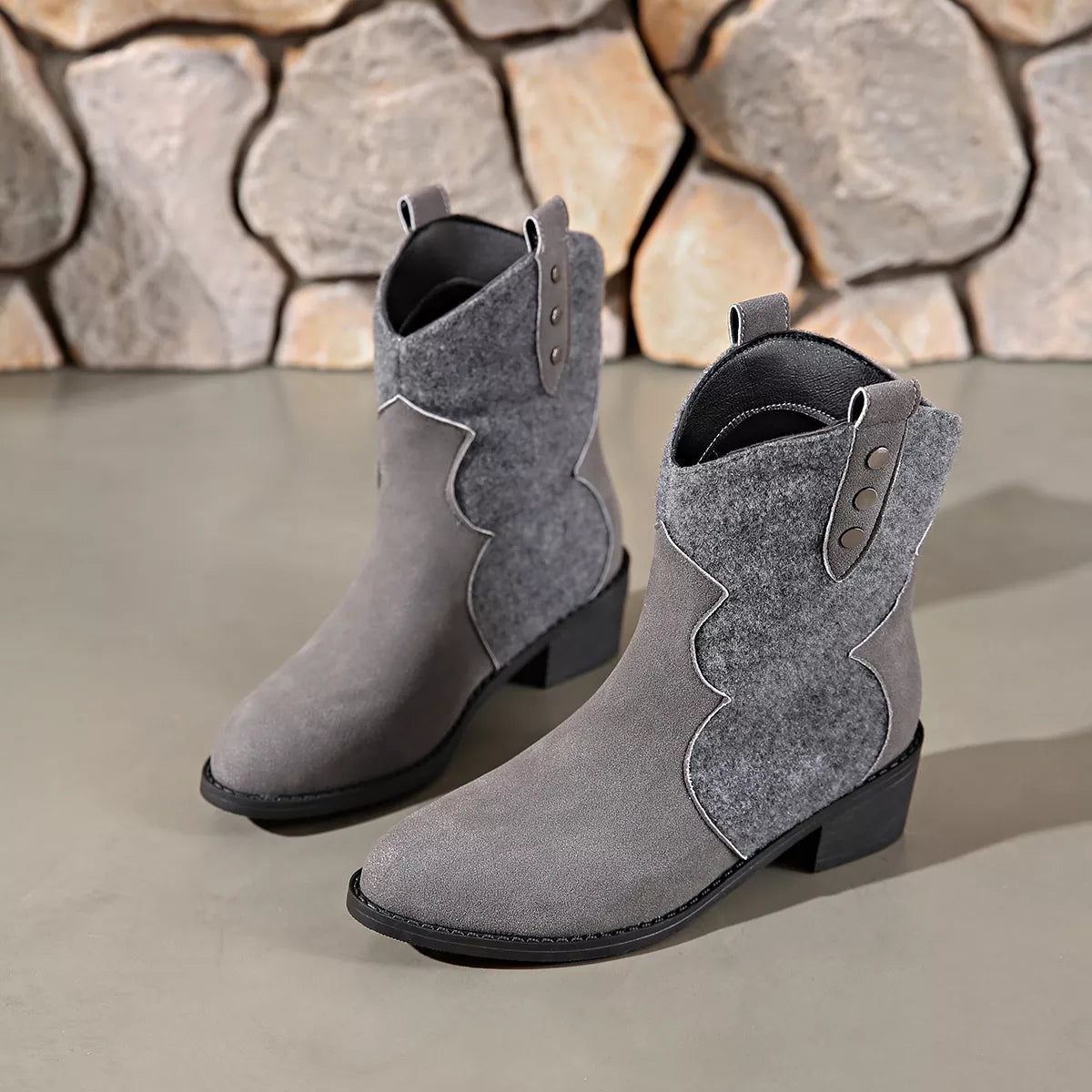 Dark gray point toe block heels boots by Trendsi, showcasing sleek design and sturdy heel for stylish footwear.