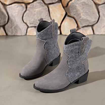 Dark gray point toe block heels boots by Trendsi, showcasing sleek design and sturdy heel for stylish footwear.