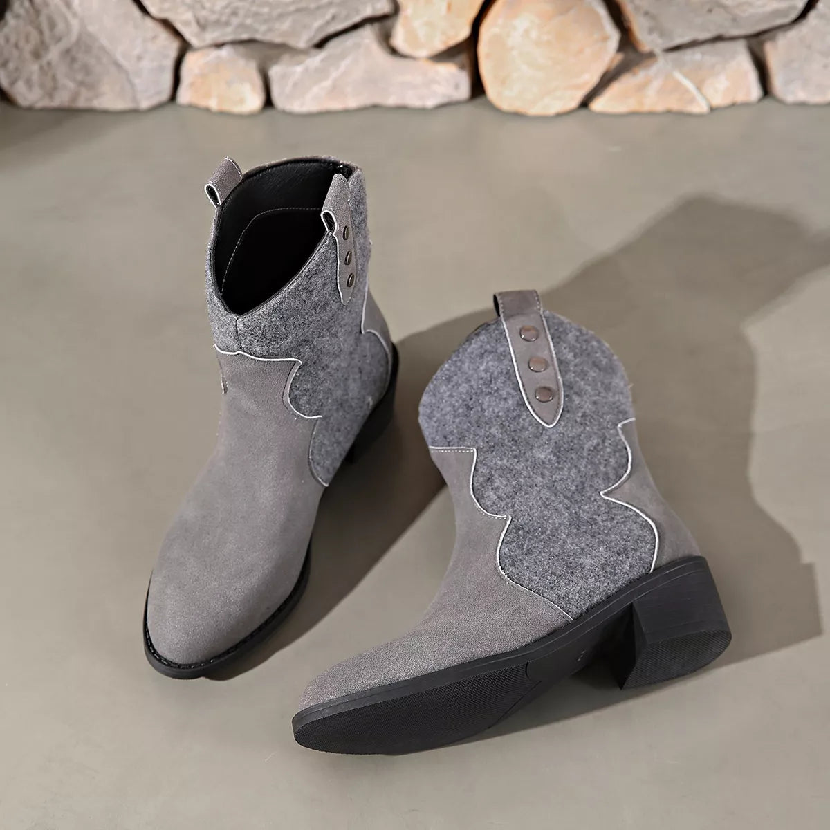 Dark gray point toe block heel boots from Trendsi, stylish footwear with a sleek design and sturdy heel for versatile wear.