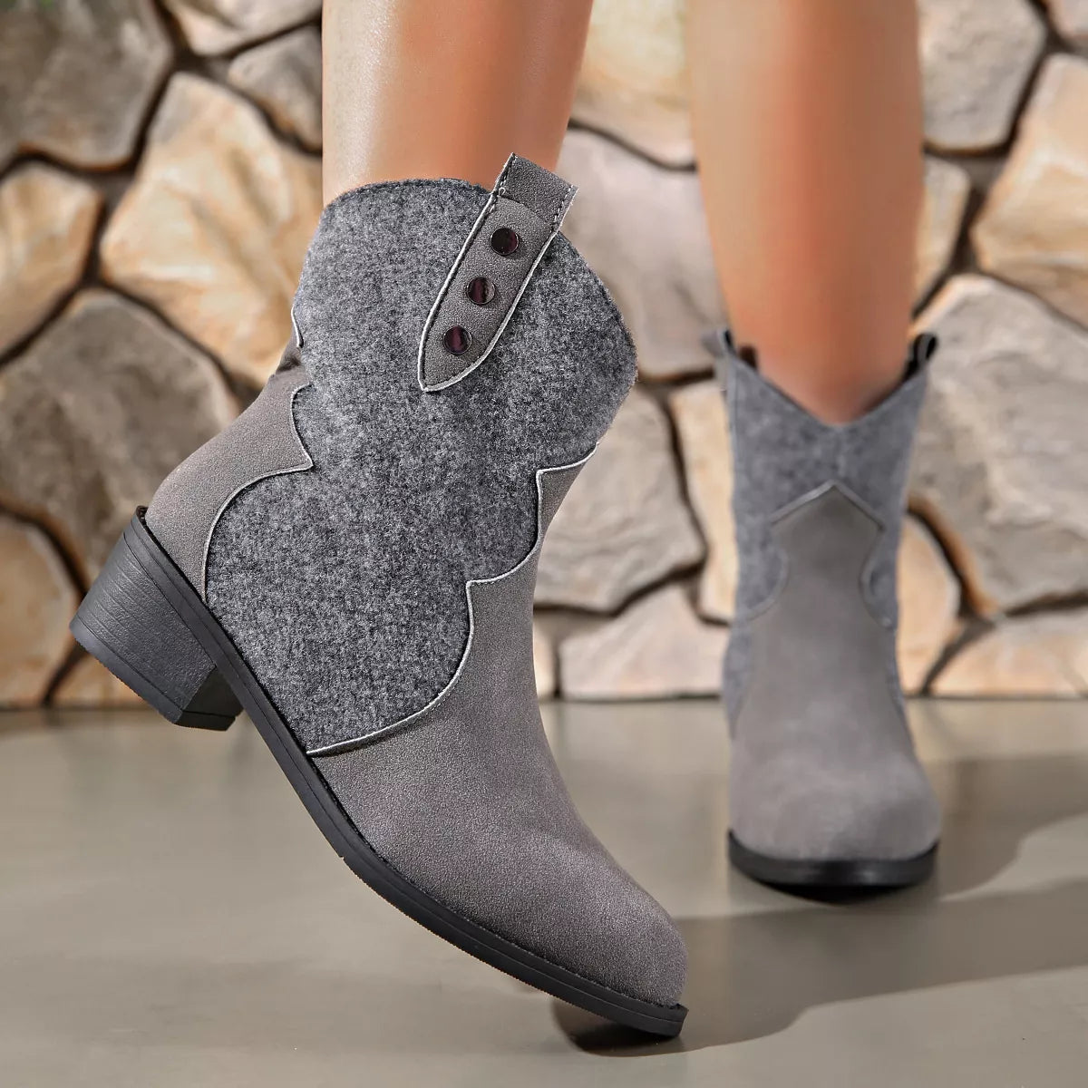 Dark gray point toe block heel boots from Trendsi, stylish women's footwear with a sleek design and comfortable block heel.