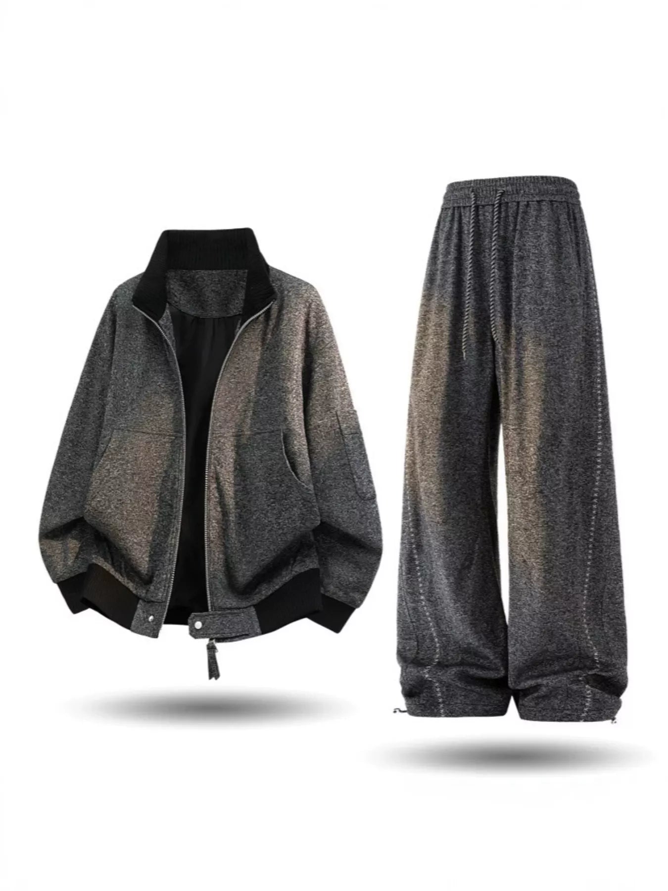 Dark gray men's plus size thick jacket and pants tracksuit set by Trendsi, casual athletic wear for comfortable, warm active outfits.