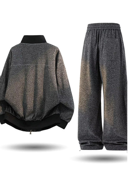 Dark gray men's plus size thick jacket and pants tracksuit set by Trendsi, featuring a comfortable, casual athletic style.