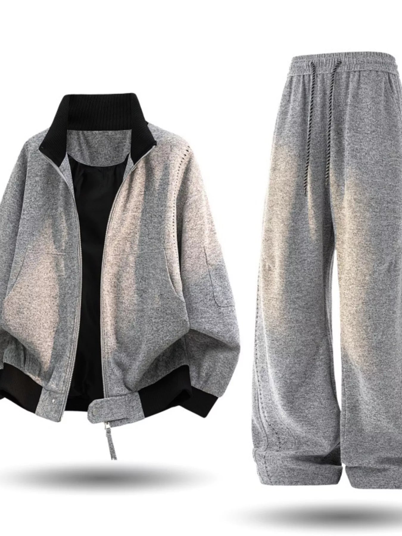 Men's plus size dark gray thick jacket and pants tracksuit set by Trendsi, with a comfortable, casual fit and durable fabric.