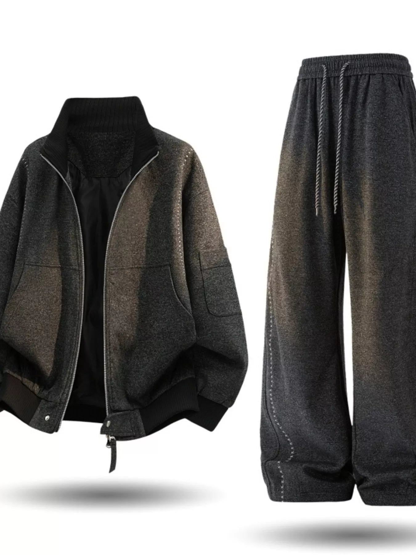 Dark gray men's plus size thick jacket and pants tracksuit set by Trendsi, cozy and stylish activewear for cold weather.