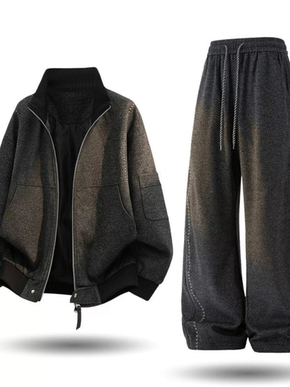 Dark gray men's plus size thick jacket and pants tracksuit set by Trendsi, cozy and stylish activewear for cold weather.