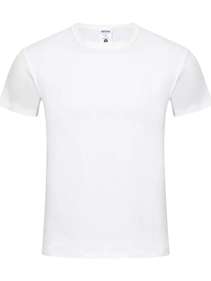 Dark gray men's round neck short sleeve T-shirt by Trendsi, casual fit and soft fabric, styled on a model.