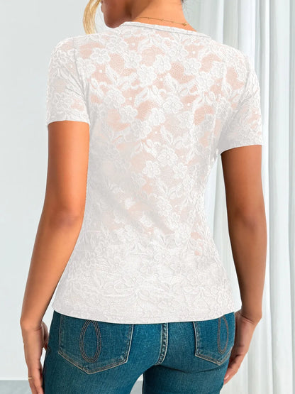 Dark green lace V-neck short sleeve top from Trendsi, featuring delicate lace fabric and a stylish V-neck design.