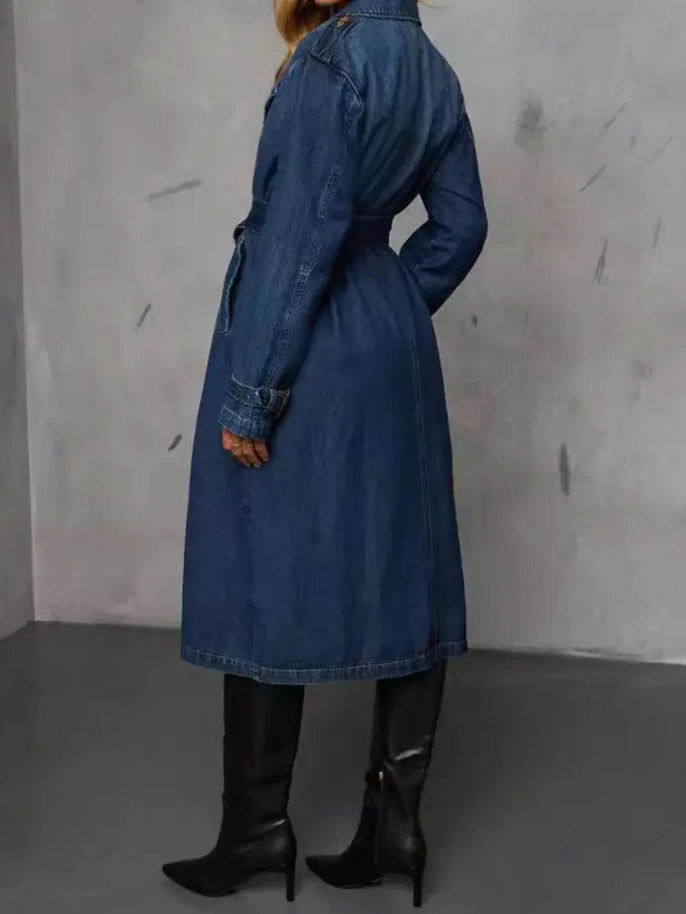 Dark wash Trendsi button-up long sleeve denim jacket with longline design, featuring classic collar and front button closure.