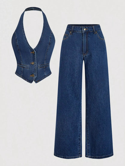 Trendsi denim vest and wide-leg jeans set featuring halter neck style, casual fit, and classic blue denim fabric.