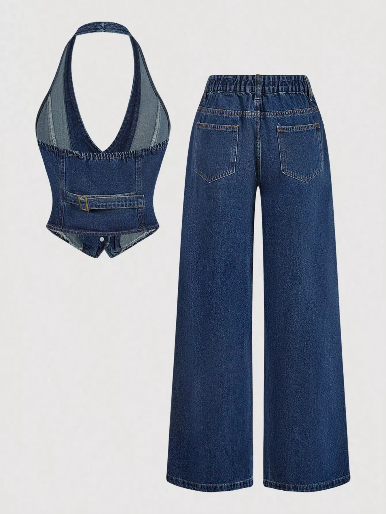 Halter neck denim vest and wide-leg jeans set by Trendsi, featuring classic blue denim and stylish, relaxed fit.