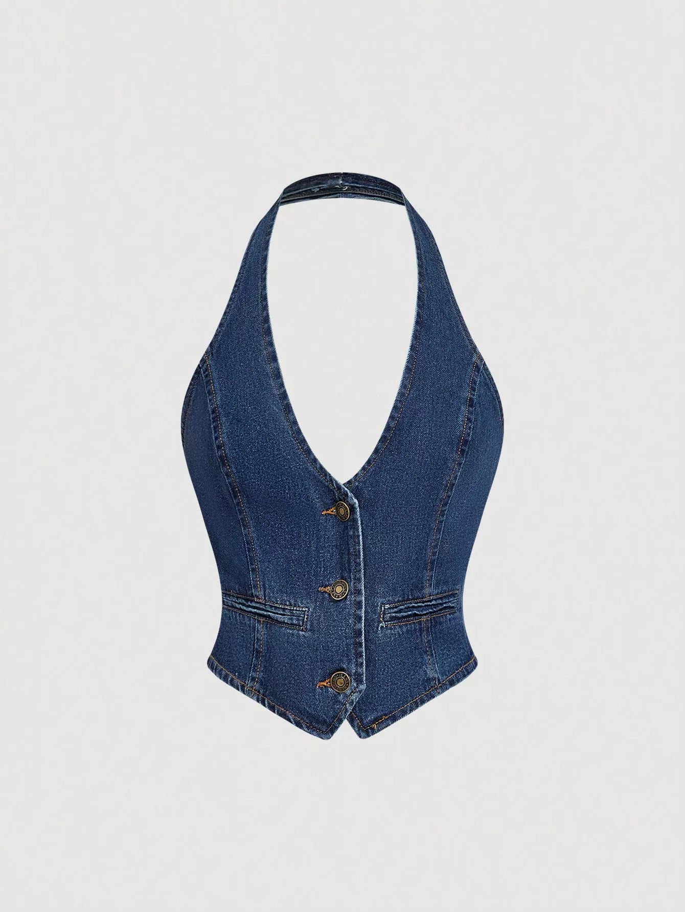 Halter neck denim vest and wide-leg jeans set by Trendsi, styled on a model with casual urban background.