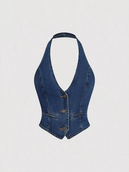 Halter neck denim vest and wide-leg jeans set by Trendsi, styled on a model with casual urban background.