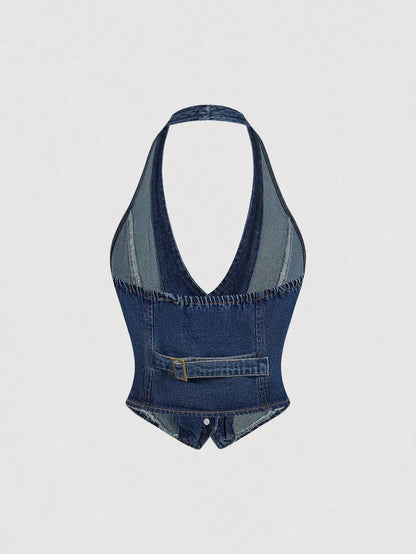 Dark denim halter neck vest and wide-leg jeans set by Trendsi, styled for a casual chic look.