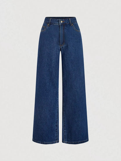 Trendsi dark wash halter neck denim vest and wide-leg jeans set, styled together for a casual, trendy look.