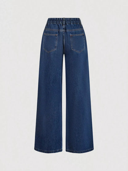 Dark blue halter neck denim vest and wide-leg jeans set by Trendsi, styled together for a casual, trendy look.
