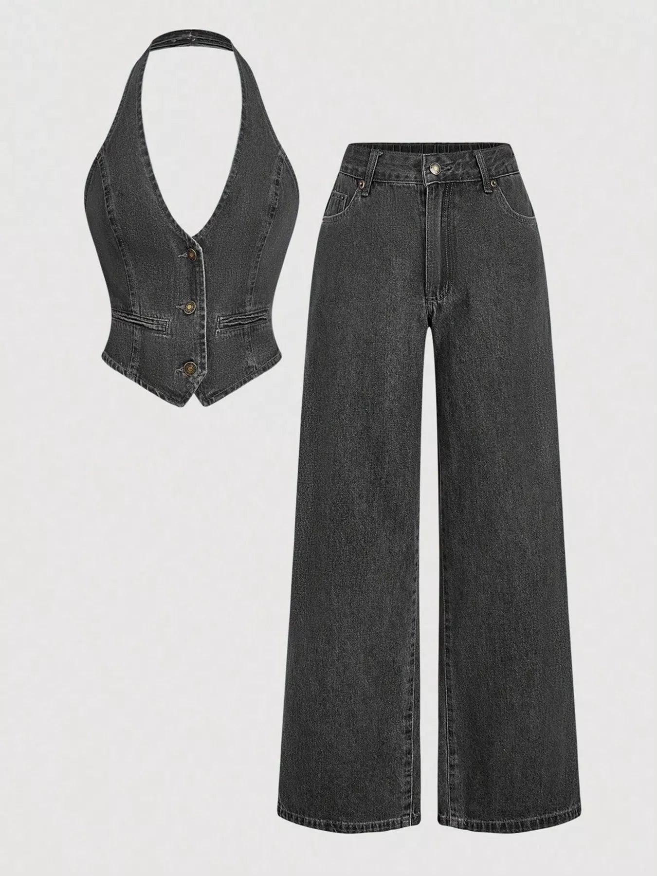 Dark blue halter neck denim vest and wide-leg jeans set by Trendsi, stylish casual outfit with fitted vest and flowing jeans.