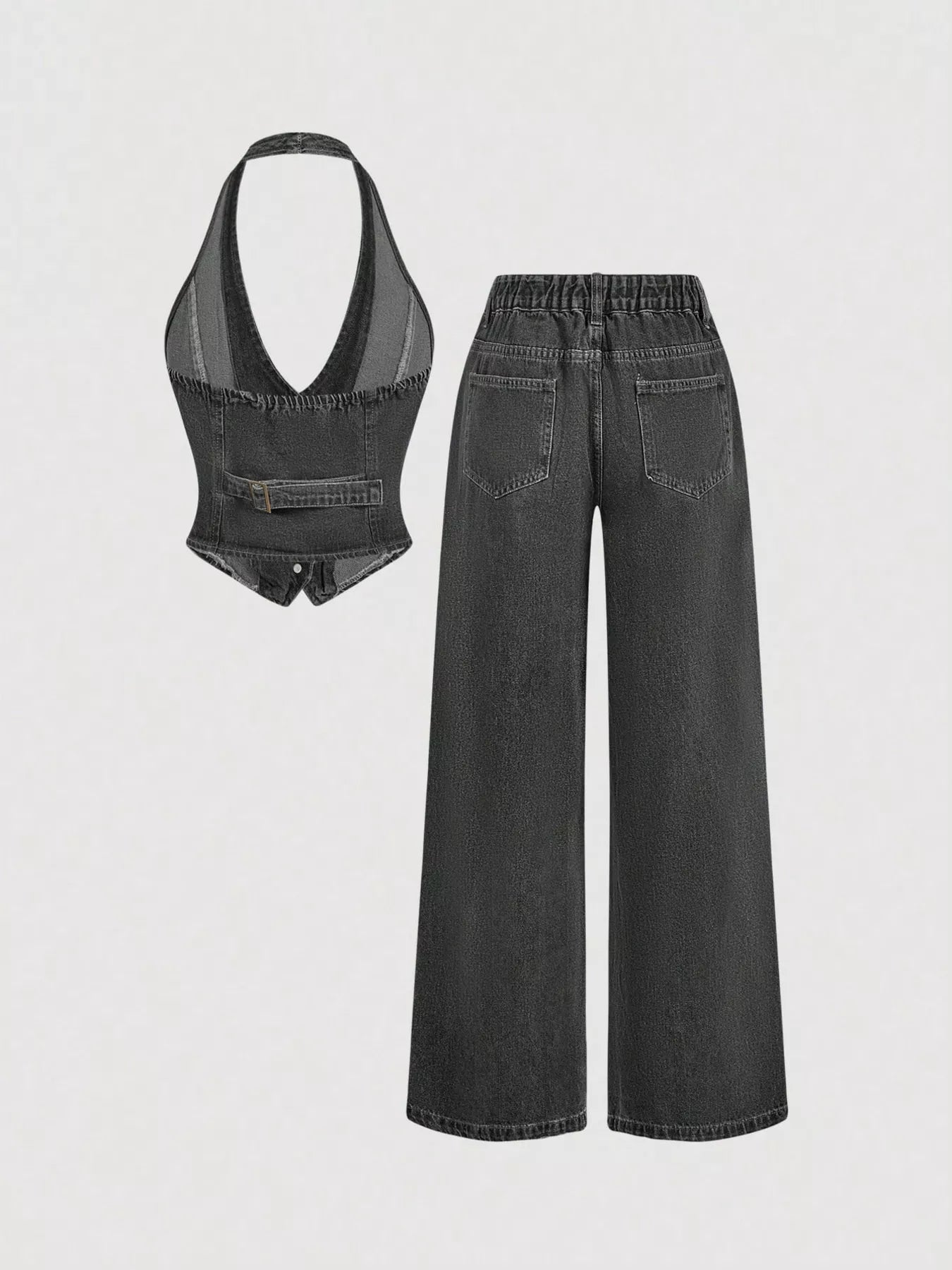 Dark denim halter neck vest and wide-leg jeans set from Trendsi, featuring a stylish sleeveless top and relaxed-fit pants.