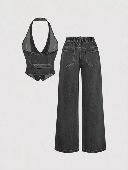 Dark denim halter neck vest and wide-leg jeans set from Trendsi, featuring a stylish sleeveless top and relaxed-fit pants.