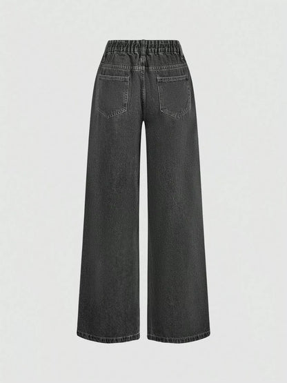 Dark denim halter neck vest and wide-leg jeans set by Trendsi, styled together for a casual, trendy look.