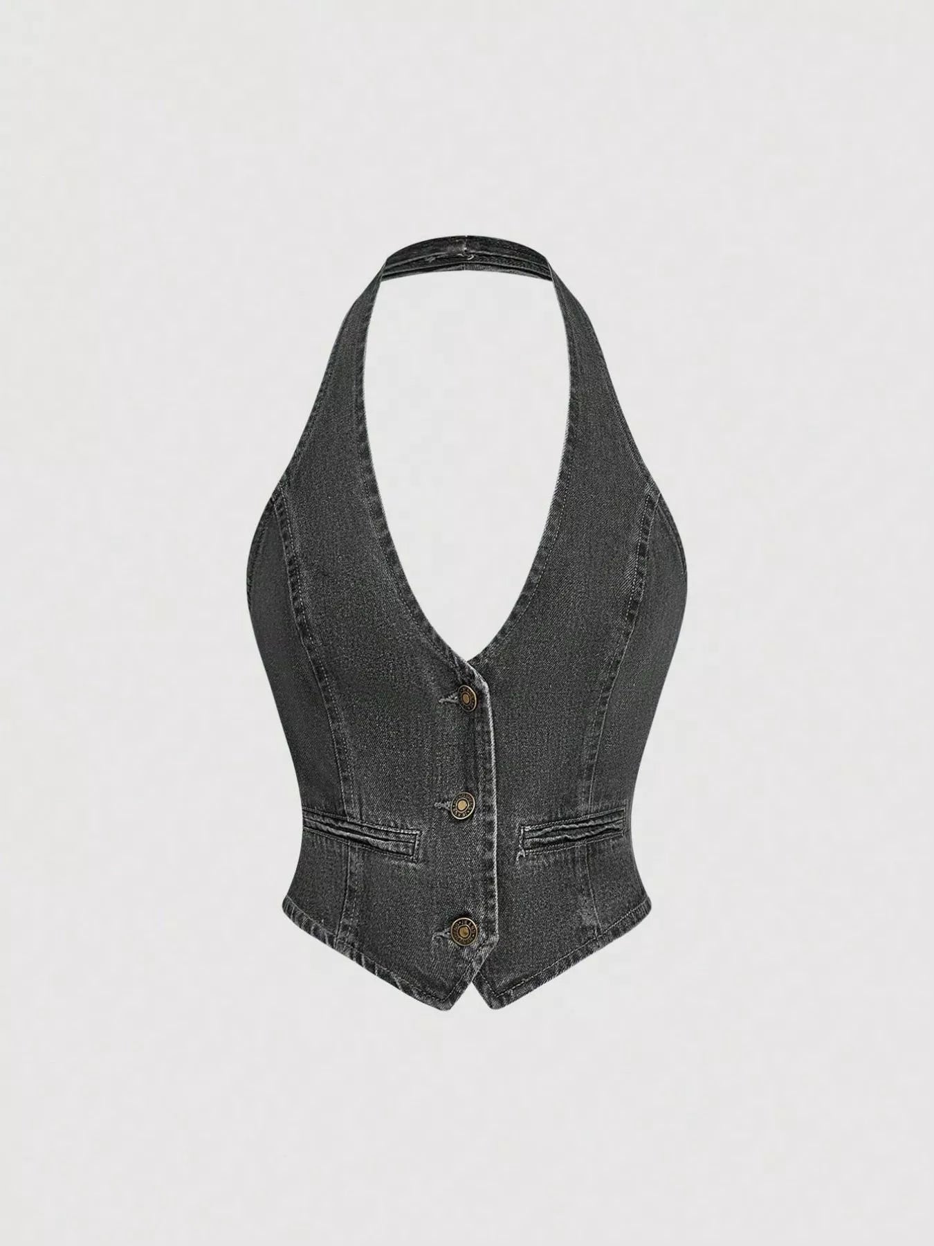 Dark denim halter neck vest and wide-leg jeans set by Trendsi, featuring a stylish sleeveless vest and flowy pants.