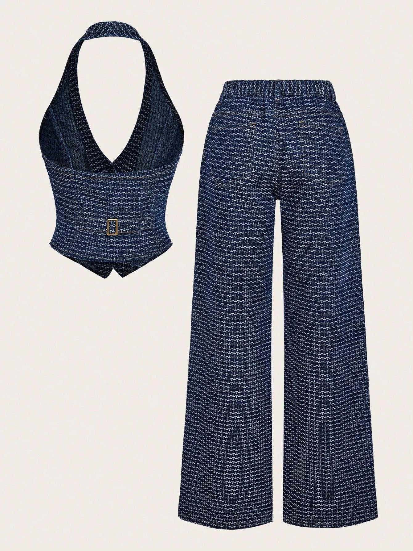 Dark denim halter neck vest and wide-leg jeans set by Trendsi, featuring stylish, casual denim fashion ensemble.