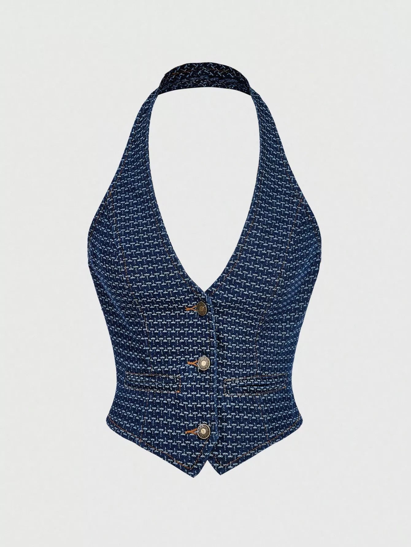Halter neck denim vest and wide-leg jeans set by Trendsi, featuring a stylish denim vest and matching relaxed-fit jeans.