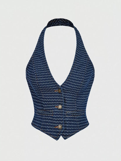 Halter neck denim vest and wide-leg jeans set by Trendsi, featuring a stylish denim vest and matching relaxed-fit jeans.