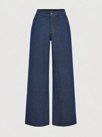 Halter neck denim vest and wide-leg jeans set by Trendsi, featuring classic blue denim and casual, stylish fit.