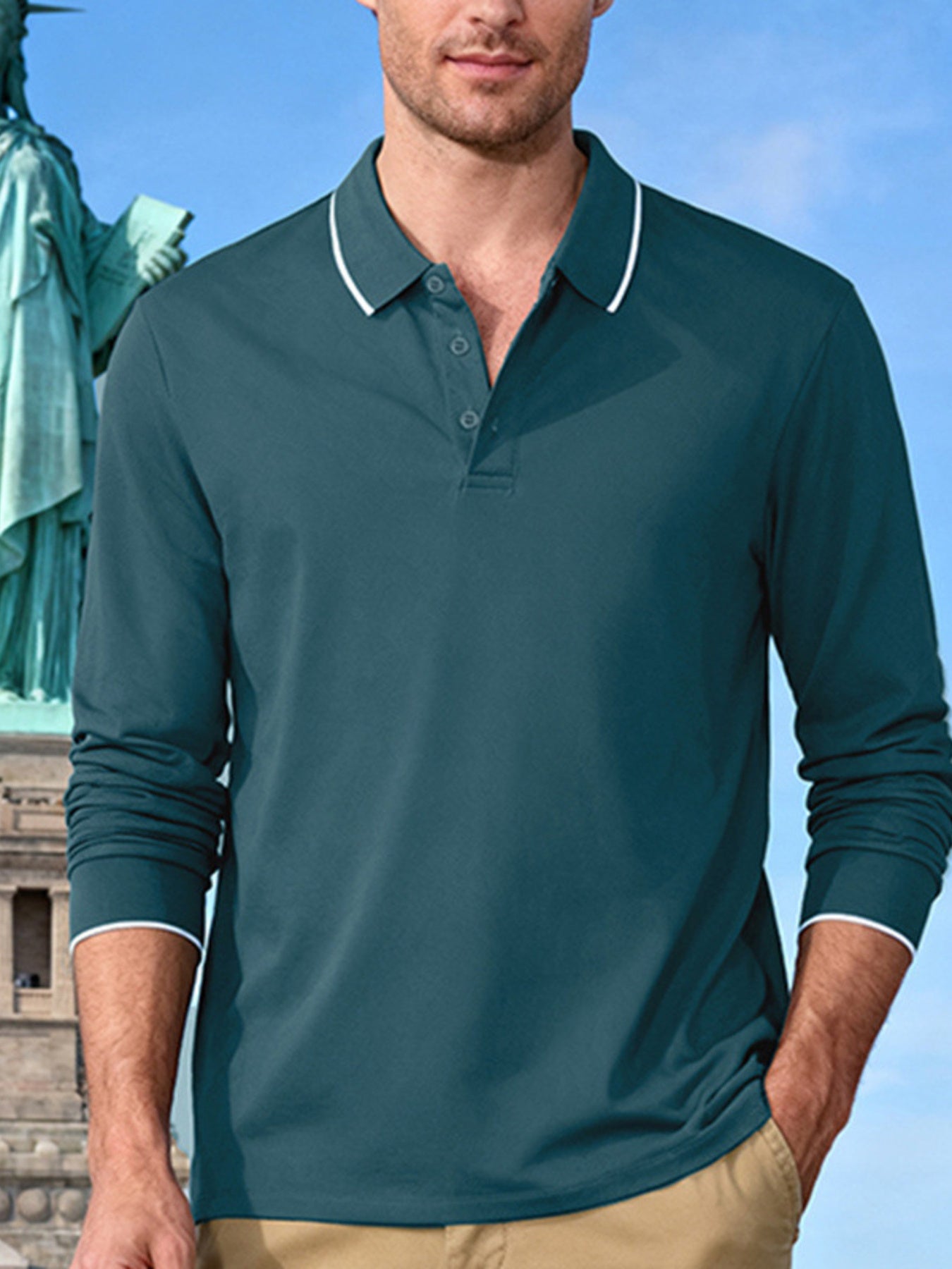Men's full-size classic long-sleeve polo shirt by Trendsi in deep teal with contrast trim, featuring a comfortable fit and stylish design.