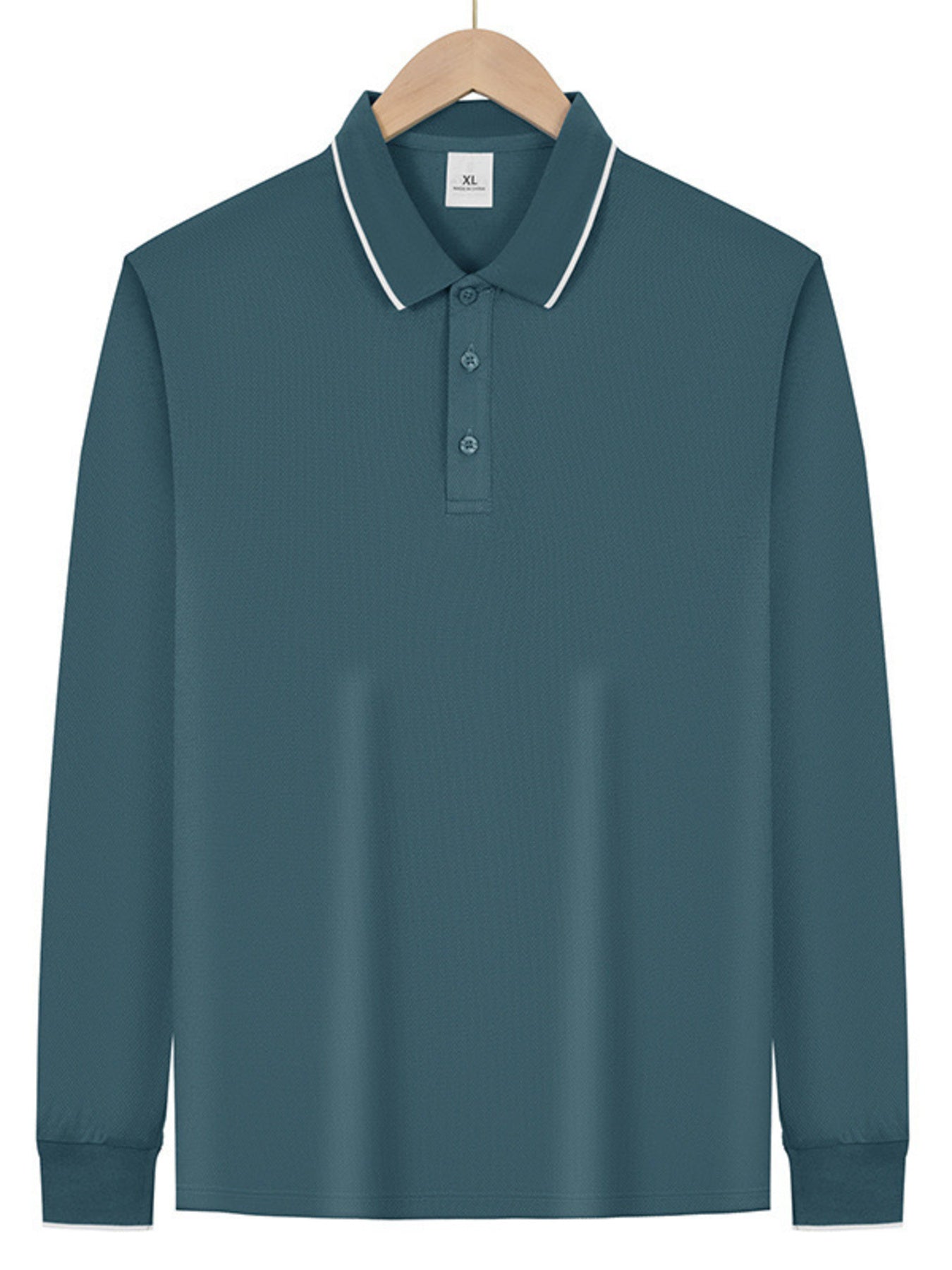 Men's full-size classic long-sleeve polo shirt in deep teal with contrast trim, by Trendsi, shown on a mannequin.
