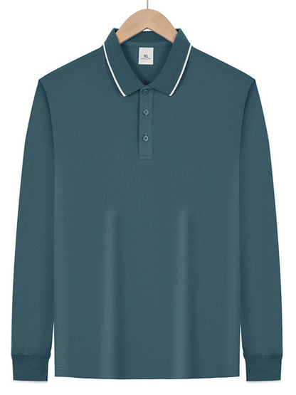 Men's full-size classic long-sleeve polo shirt in deep teal with contrast trim, by Trendsi, shown on a mannequin.