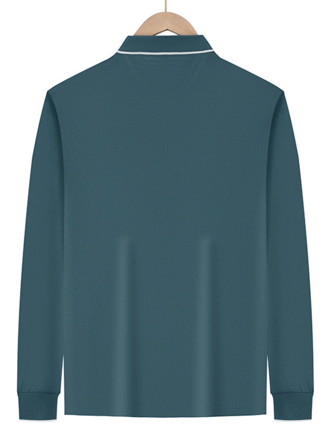 Men's full-size classic long-sleeve polo shirt by Trendsi in deep teal with contrast trim, featuring a comfortable fit and stylish design.