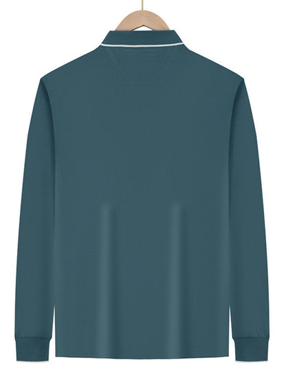 Men's full-size classic long-sleeve polo shirt by Trendsi in deep teal with contrast trim, featuring a comfortable fit and stylish design.