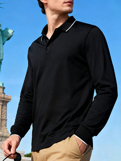 Men's deep teal long-sleeve polo shirt with contrast trim, plus size, classic fit, from Trendsi.