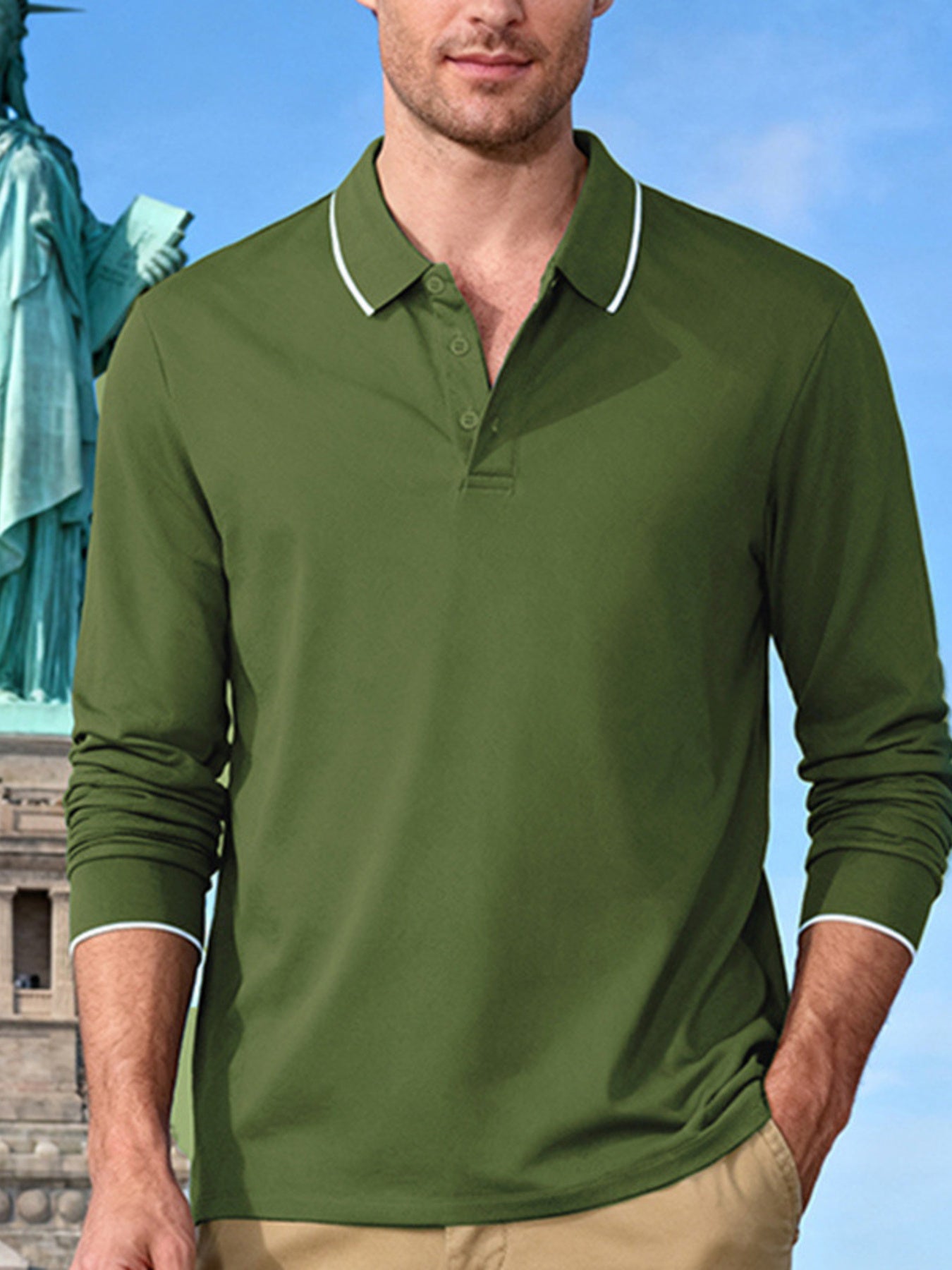 Men's full-size deep teal long-sleeve polo shirt with contrast trim, classic fit, from Trendsi.