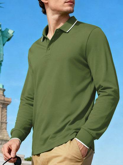 Men's plus size deep teal long-sleeve polo shirt with contrast trim, classic style and full size fit from Trendsi.