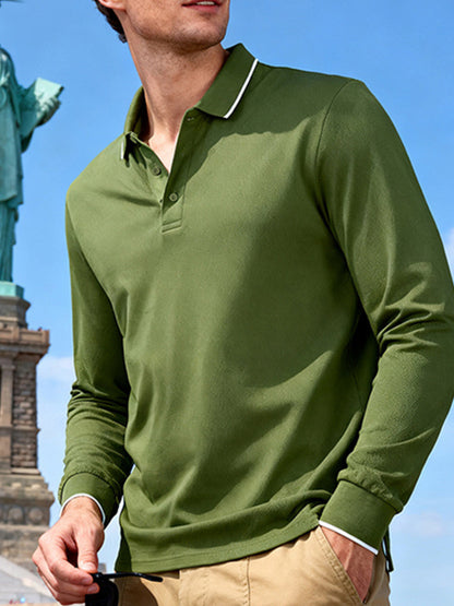 Men's full-size classic long-sleeve polo shirt by Trendsi in deep teal with contrast trim, featuring a comfortable fit and casual style.