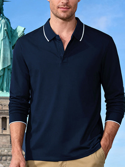 Men's deep teal full-size long-sleeve polo shirt by Trendsi with contrast trim, classic style, and comfortable fit.