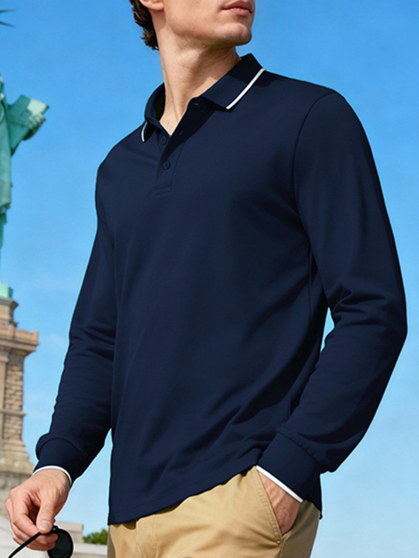 Men's full-size classic long-sleeve polo shirt with contrast trim, in deep teal, by Trendsi.