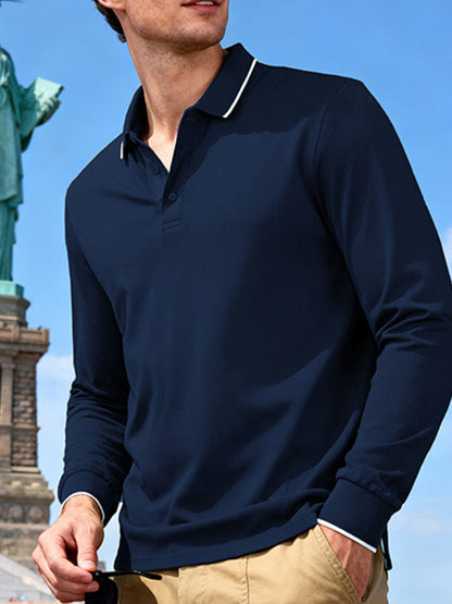 Men's full-size classic long-sleeve polo shirt with contrast trim in deep teal, by Trendsi, shown on a plain background.